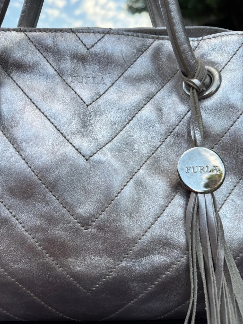 Furla Metallic Silver Leather Chevron Quilted Tote Tassel Bag VGUC Y2K